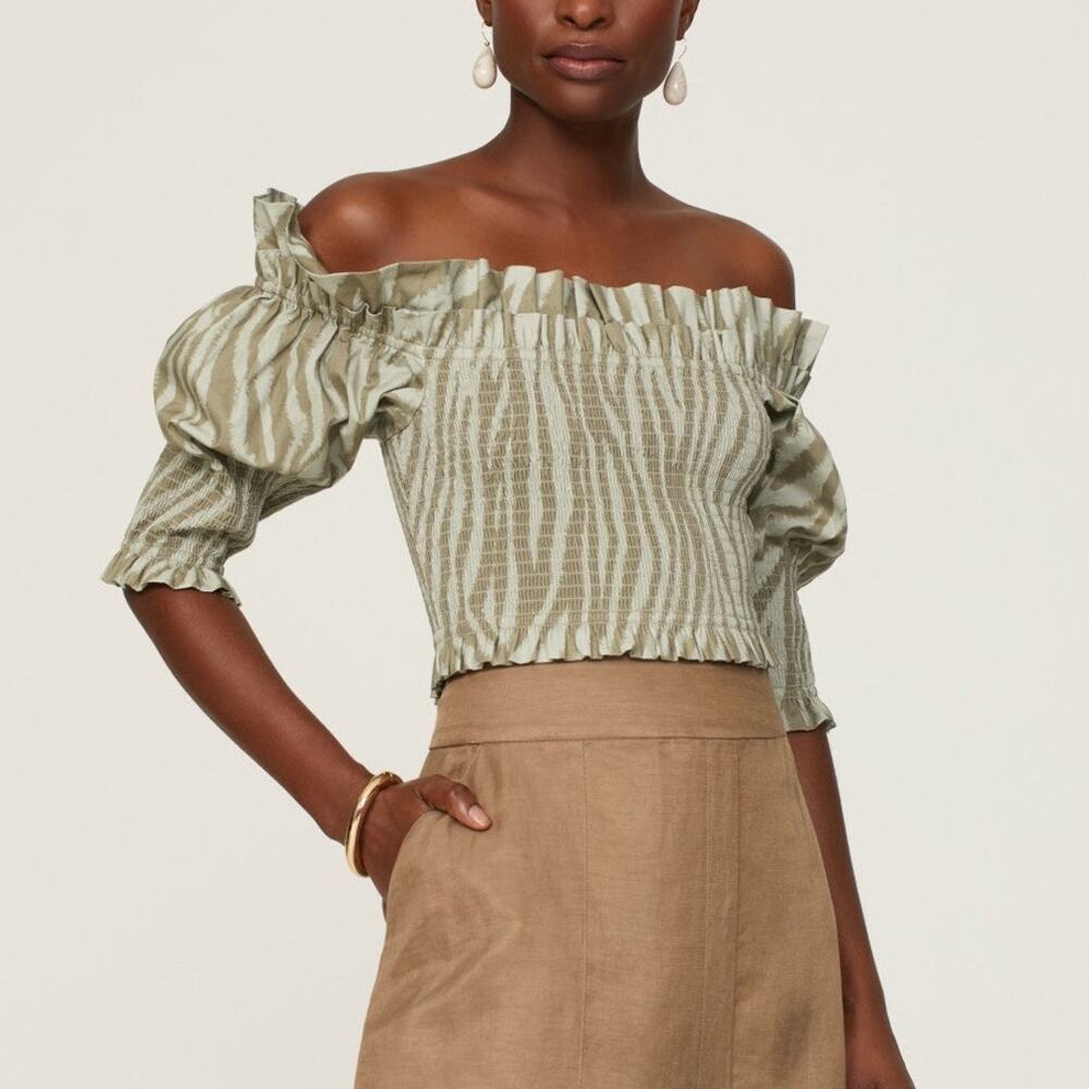 TOCCIN Smocked Ruffle Top Green Off-Shoulder‎ Zebra Striped Puff Sleeve Sz XS